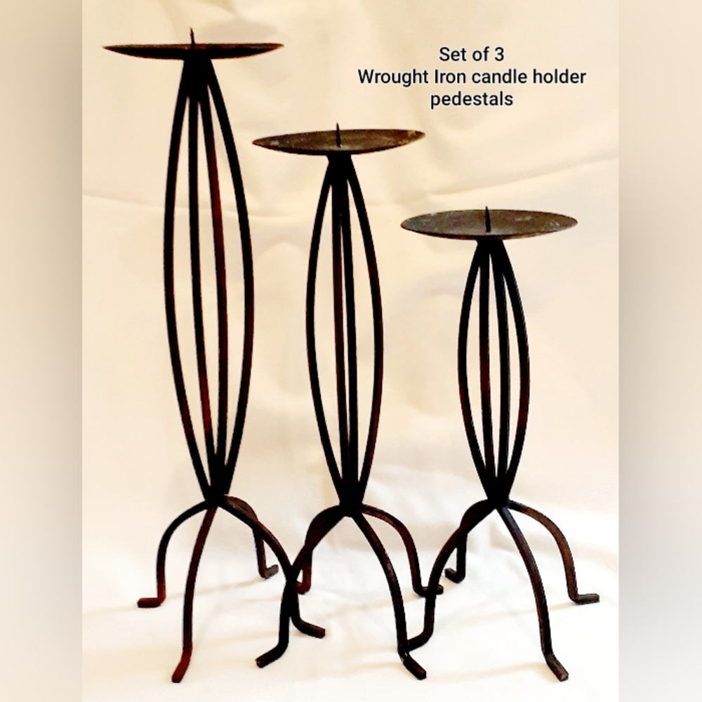 Set Of 3 Wrought Iron Pillar Candle Holders - Vintage Black Metal Pedestals
